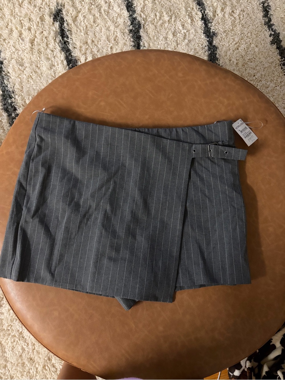 Tailored Gray Pinstripe Wrap Skort with Side Buckle